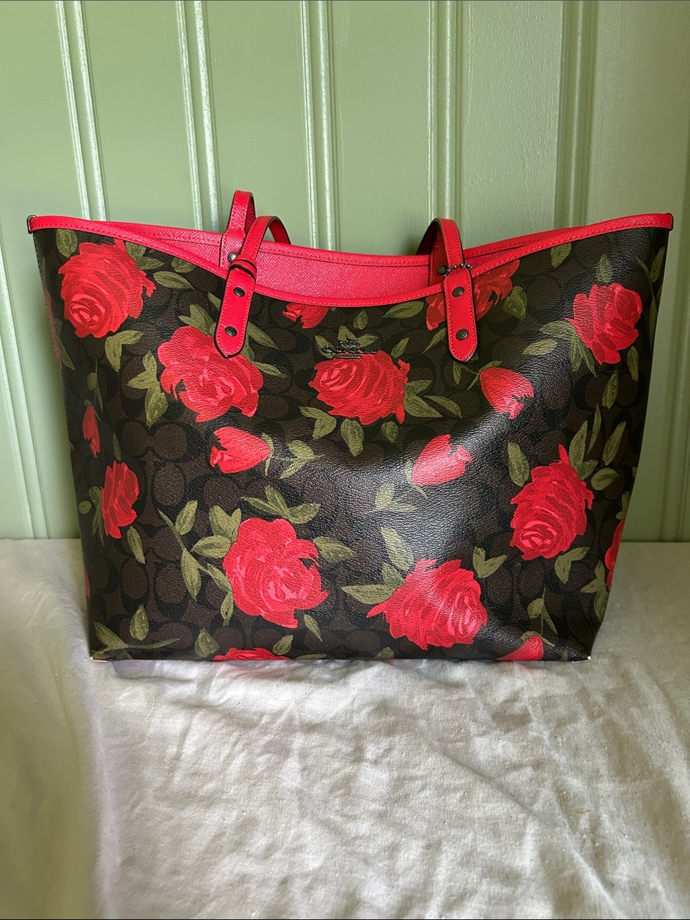Coach Floral Rose Tote in Red and Brown